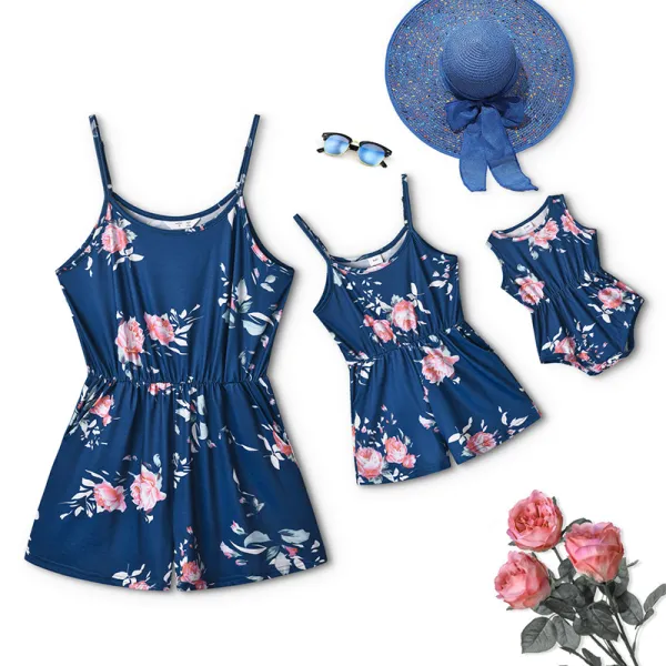 Mommy And Me Navy Floral Pattern Sling Jumpsuits Shorts Family Matching Rompers