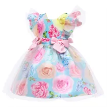 Toddler Girls Blue Flowers Pink Bowknot Mesh Gowns Dress
