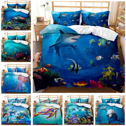 Kids Bedding Cartoon Sea World Whale Shark Pattern Printed Quilt Cover With Pillowcases