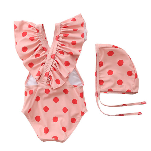 Baby Toddler Girl Dots Ruffles Cross Back Swimsuit With Swimming Cap