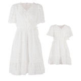 Mommy And Me Pure Color Floral Short Sleeve Matching Dresses