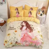 Girls 4PCS Bedding Beautiful Princess Flower Printed Quilt Cover Set