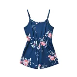 Mommy And Me Navy Floral Pattern Sling Jumpsuits Shorts Family Matching Rompers