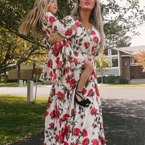 Mommy And Me Floral Pattern Chiffon Long Sleeve Dresses Family Matching Maxi Dress