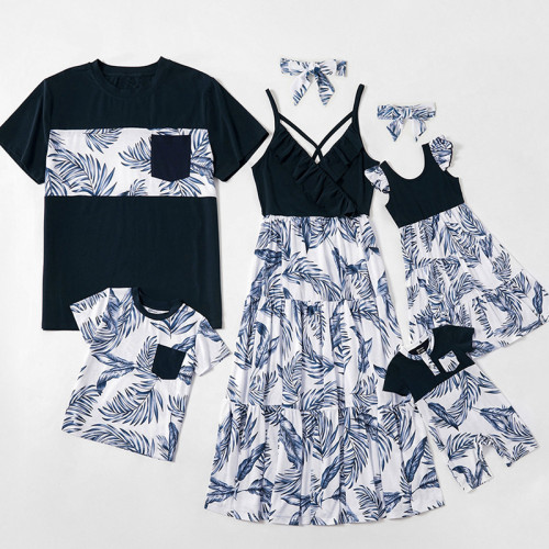 Family Matching Floral Pattern Blue Sling Dresses and T-shirts Sets