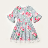 Mommy And Me Ruffles Sleeve Floral Pattern Matching Dresses