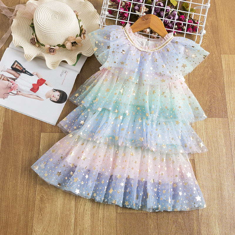 Toddler Girls Rainbow Star Mesh Flower Lace Mesh Multi-Layers Tutu Dress