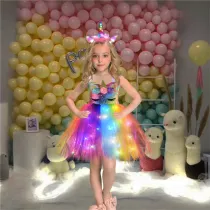 Rainbow Light Up Lamp Unicorn Sequins Tutu Dress With Unicorn Hairband