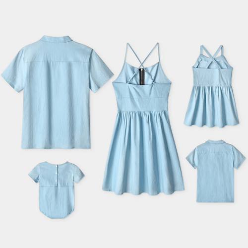 Family Matching Light Blue Sling Dresses and T-shirts Sets