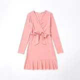 Mommy And Me Long Sleeve Pink Knitted Ruffles Matching Dresses