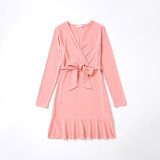 Mommy And Me Long Sleeve Pink Knitted Ruffles Matching Dresses