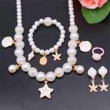 5PCS Kids Seashell Series Pearl Necklace Bracelet Ring Ear Clips Set Princess Accessories For Girls Gift