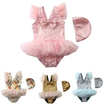 Toddler Girl Bronzing Scale Tutu Ruffles One-Piece Swimsuit With Swimming Cap