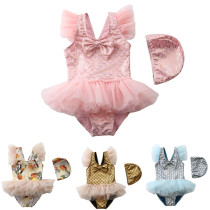 Toddler Girl Bronzing Scale Tutu Ruffles One-Piece Swimsuit With Swimming Cap