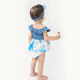 Family Matching Floral Pattern Blue Sling Dresses and Shirts Sets