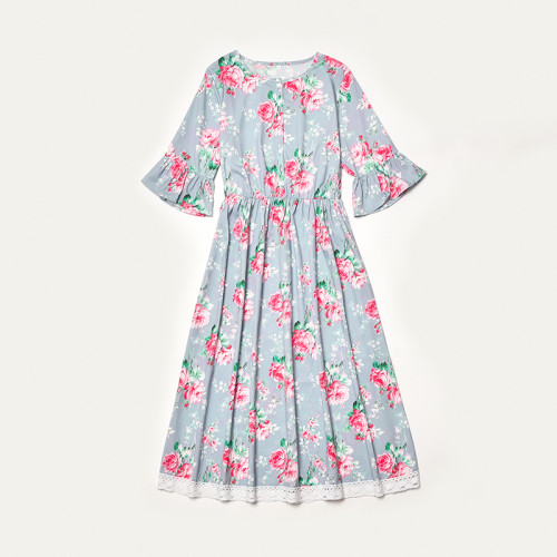 Mommy And Me Ruffles Sleeve Floral Pattern Matching Dresses