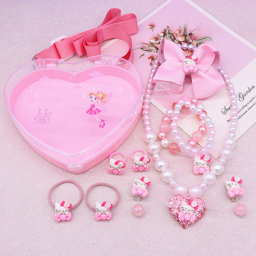 Cute Hellokitty Costume Heart-shaped Jewellery Box Set Pearl Necklace for Girls Gift