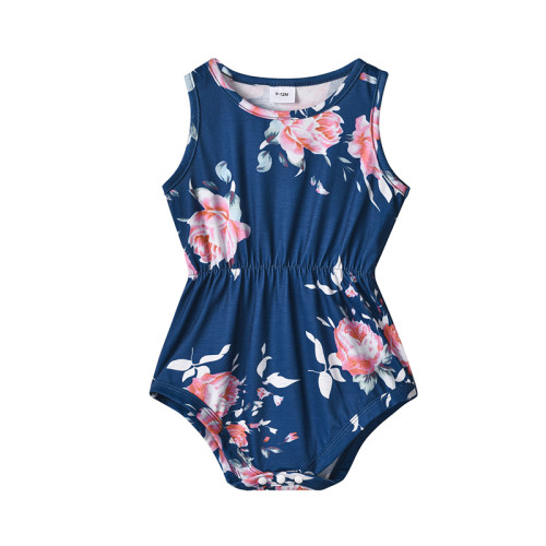 Mommy And Me Navy Floral Pattern Sling Jumpsuits Shorts Family Matching Rompers