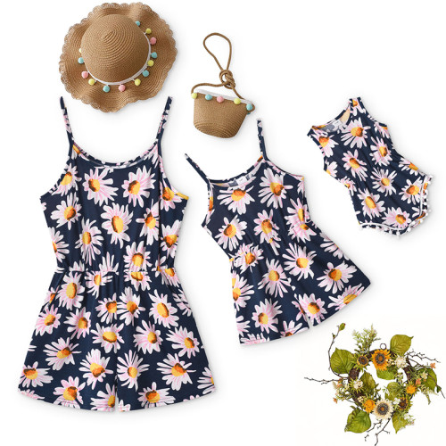 Mommy And Me Daisy Pattern Sling Jumpsuits Shorts Family Matching Rompers