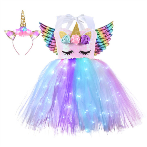 Light Up Unicorn Sequins Tutu Dress With Unicorn Hairband Rainbow Angel Wings