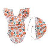 Baby Toddler Girl Fruits Ruffles Cross Back Swimsuit With Swimming Cap