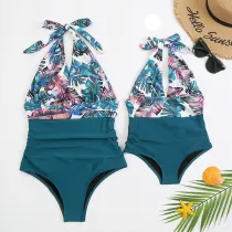 Mommy and Me Floral Pattern Halter Lacing One Piece Matching Swimsuit