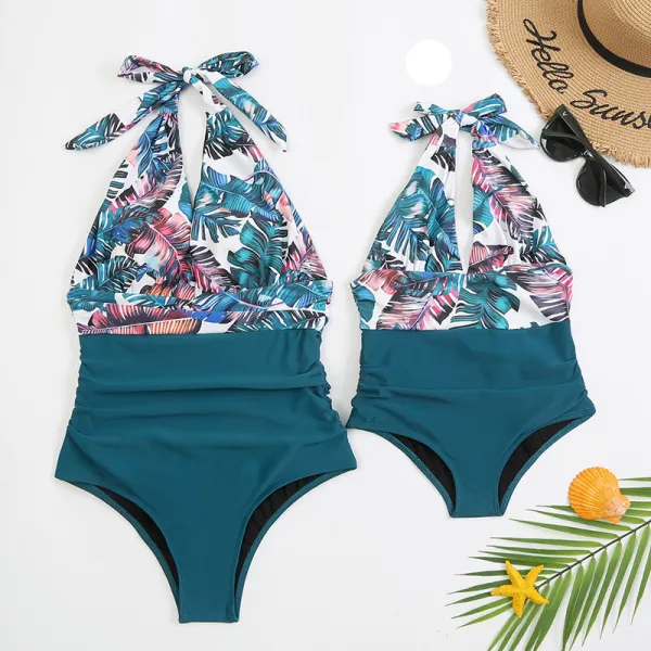 Mommy and Me Floral Pattern Halter Lacing One Piece Matching Swimsuit