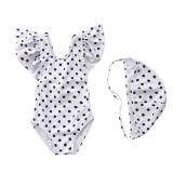 Baby Toddler Girl Dots Ruffles Cross Back Swimsuit With Swimming Cap
