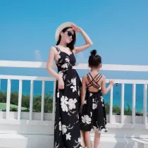 Mommy And Me Black Floral Pattern Sling Family Matching Dress