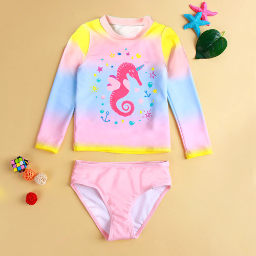 Toddler Girl Seahorse Ombre Pink Long Sleeve Swimsuit Sets
