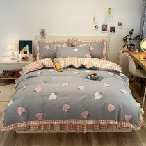 Girls 4PCS Set Fruits Lemon Strawberry Pattern Printed Lace Dust Ruffle Bedding