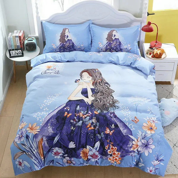 Girls 4PCS Bedding Beautiful Princess Flower Printed Quilt Cover Set