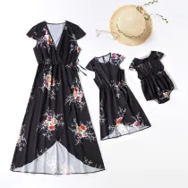 Mommy And Me Floral Printing V-Neck Waist Matching Dresses