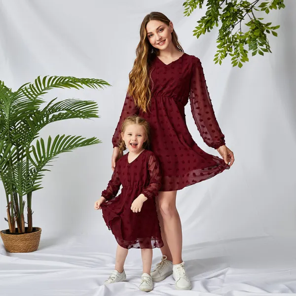 Mommy And Me Pure Color Long Sleeve Matching Dresses