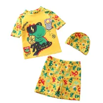 Kids Boys Dinosaur Play Basketball Short Sleeve Sunscreen Swimsuit Two Pieces With Swimming Cap