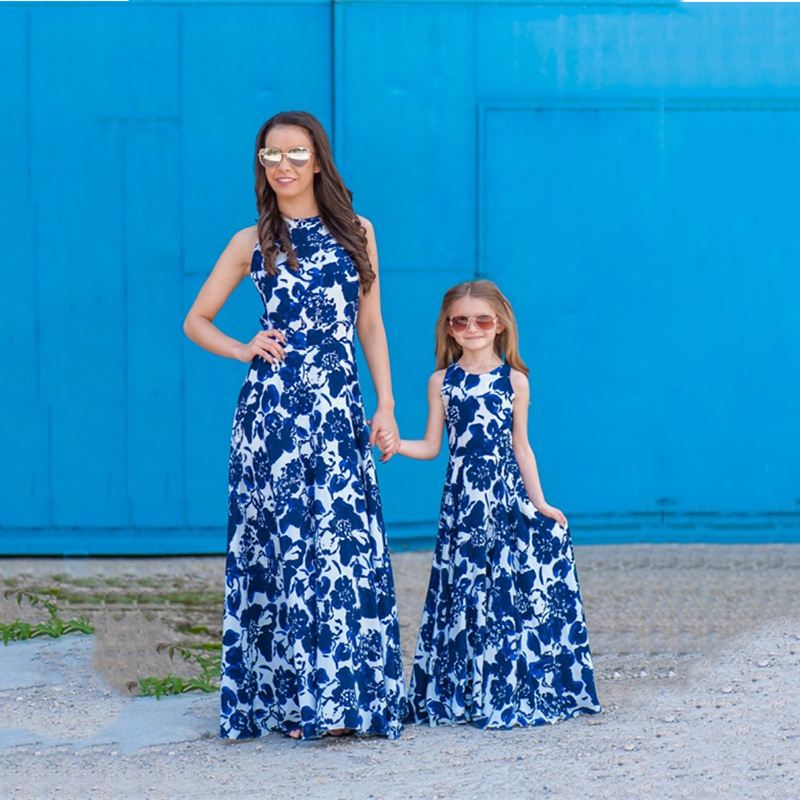 Mommy And Me Blue Floral Sling Matching Dresses