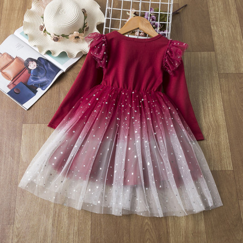 Toddler Girls Starry Sky Long Sleeve Mesh Flower Lace Mesh Multi-Layers Dress