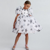Toddler Girls Hubble-Bubble Sleeve Flower Lace Mesh Multi-Layers Gowns Dress