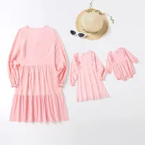 Mommy And Me Long Sleeve V-Neck Pure Color Ruffles Matching Dresses