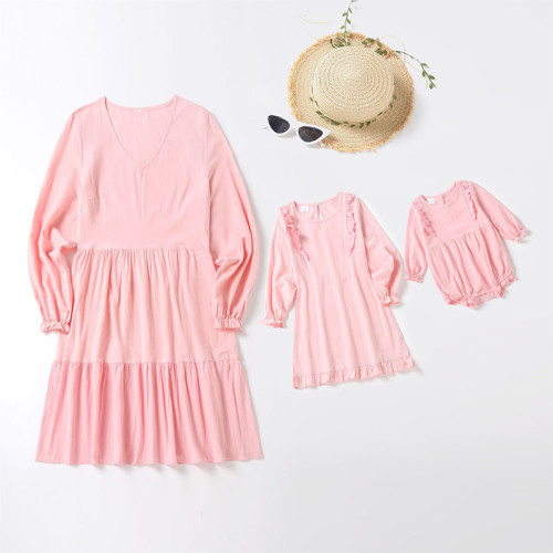 Mommy And Me Long Sleeve V-Neck Pure Color Ruffles Matching Dresses