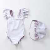 Baby Toddler Girl White Stripes Koala Ruffles Cross Back One-Piece Swimsuit With Swimming Cap