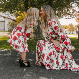Mommy And Me Floral Pattern Chiffon Long Sleeve Dresses Family Matching Maxi Dress