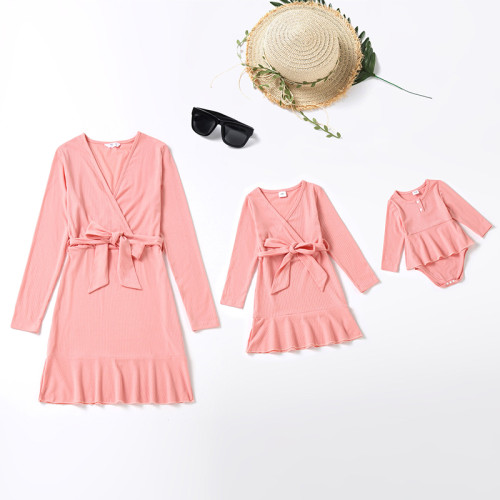 Mommy And Me Long Sleeve Pink Knitted Ruffles Matching Dresses