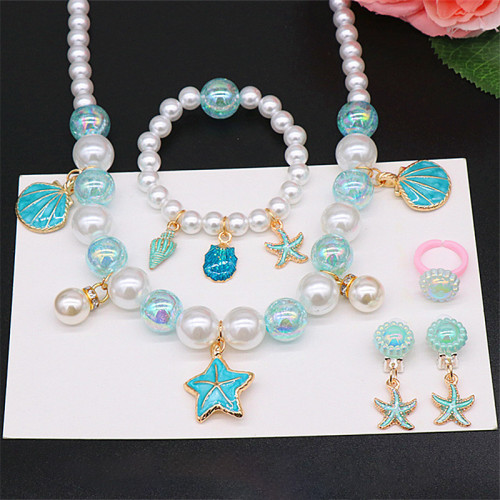 5PCS Kids Seashell Series Pearl Necklace Bracelet Ring Ear Clips Set Princess Accessories For Girls Gift