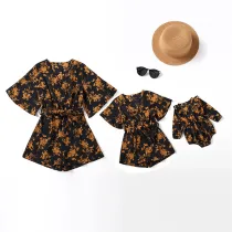 Mommy And Me Short Sleeve Floral Pattern Jumpsuits Shorts Family Matching Rompers