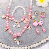 6PCS Unicorn Jewelry Sets Children Pearl Necklace Bracelet Ring Ear Clips Set For Girls Gift