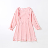 Mommy And Me Long Sleeve V-Neck Pure Color Ruffles Matching Dresses