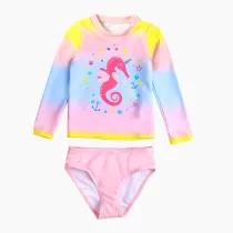 Toddler Girl Seahorse Ombre Pink Long Sleeve Swimsuit Sets