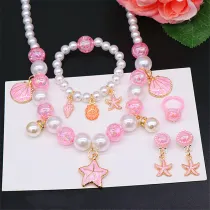 5PCS Kids Seashell Series Pearl Necklace Bracelet Ring Ear Clips Set Princess Accessories For Girls Gift