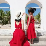 Mommy And Me Red Wine Bow Tie Sling Family Matching Dress